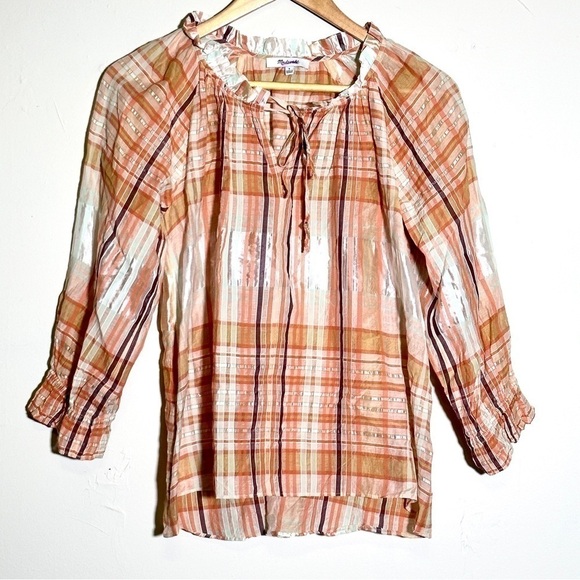 Madewell Wilton Plaid Print Tie-Neck Ruffle Sleeve Silk Blend Top Size Small - Picture 3 of 15